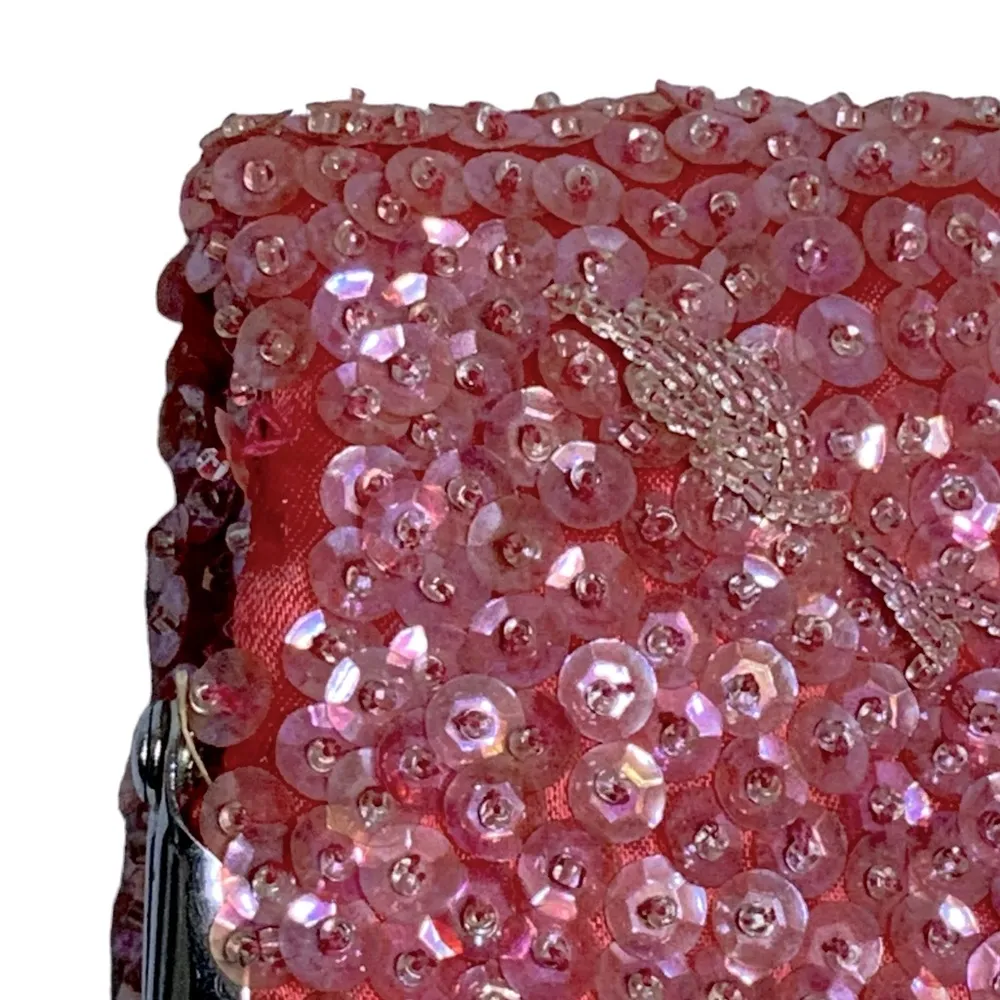 Vintage Beaded Clutch Evening Bag 1960 Sequins Folding Kiss Clasp Strawberry Red Pink - Image 10
