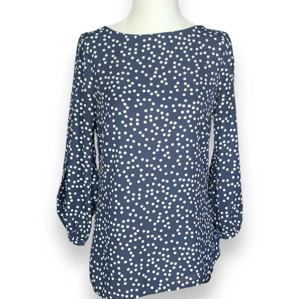 Banana Republic Factory Blouse Navy Blue White Polka Dot Flowy Split Sleeve Top Blue Size XS - Image 9