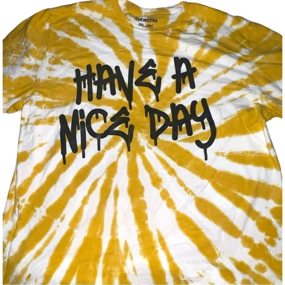 Chemistry brand cool white and yellow tie dye T-shirt with fun sayings! - Image 2