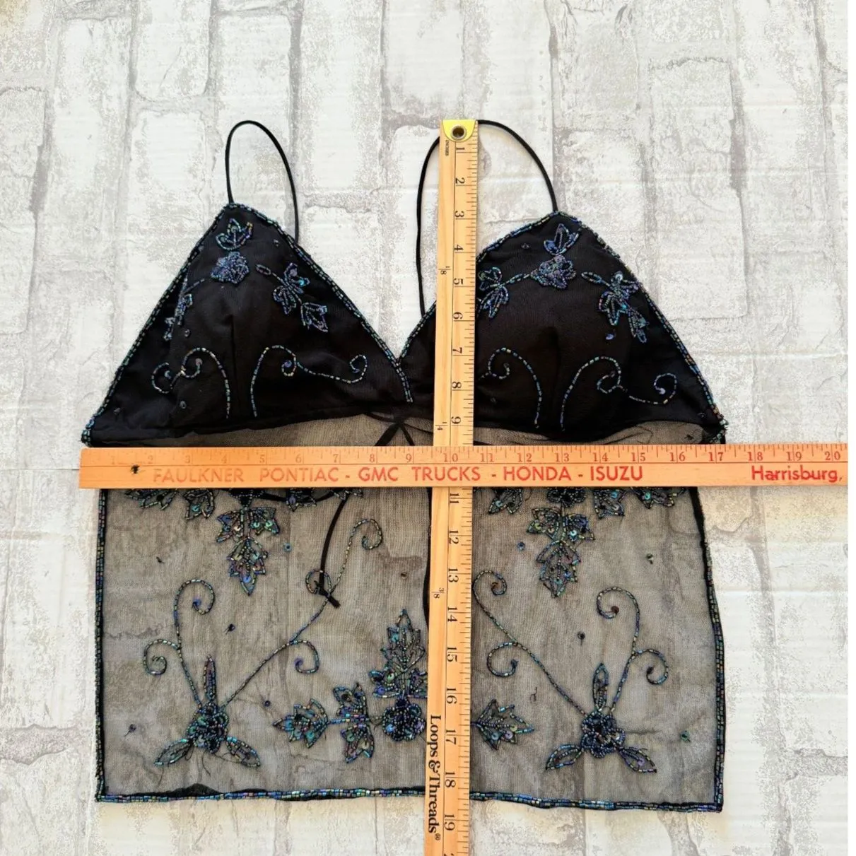 VTG Y2K Black Beaded Mesh Open Back Sleigh Glam Festival Party Crop Top Halter Size undefined - Image 9