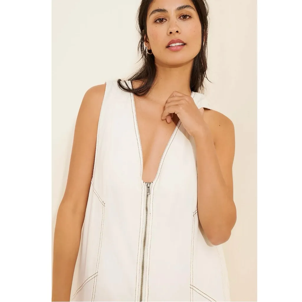 Free People Santino Denim Zip Front Midi Dress in Ecru Size Large Minimalist - Image 6