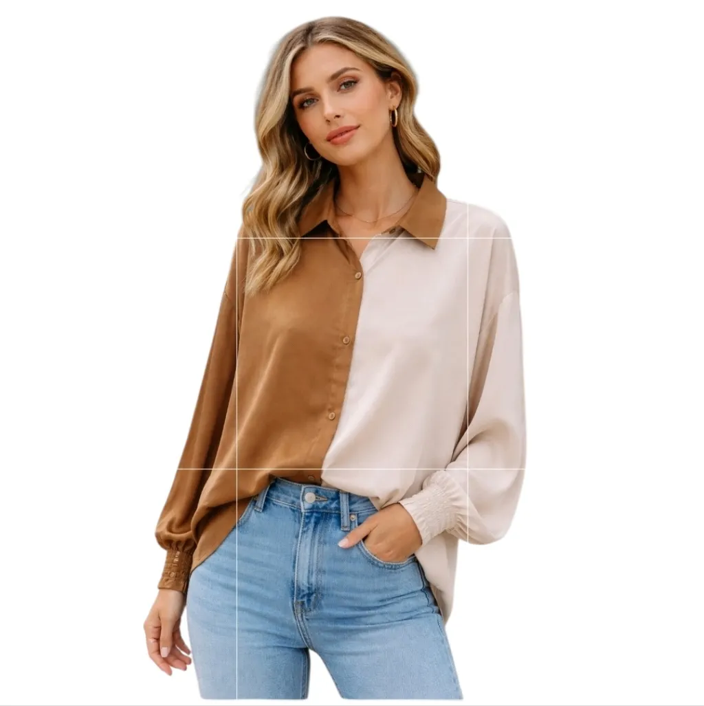 ODDY Plus Silk Blouse Size 3xl Smocked Sleeve Button Up Preppy Cream Feminine Brown - Image 8