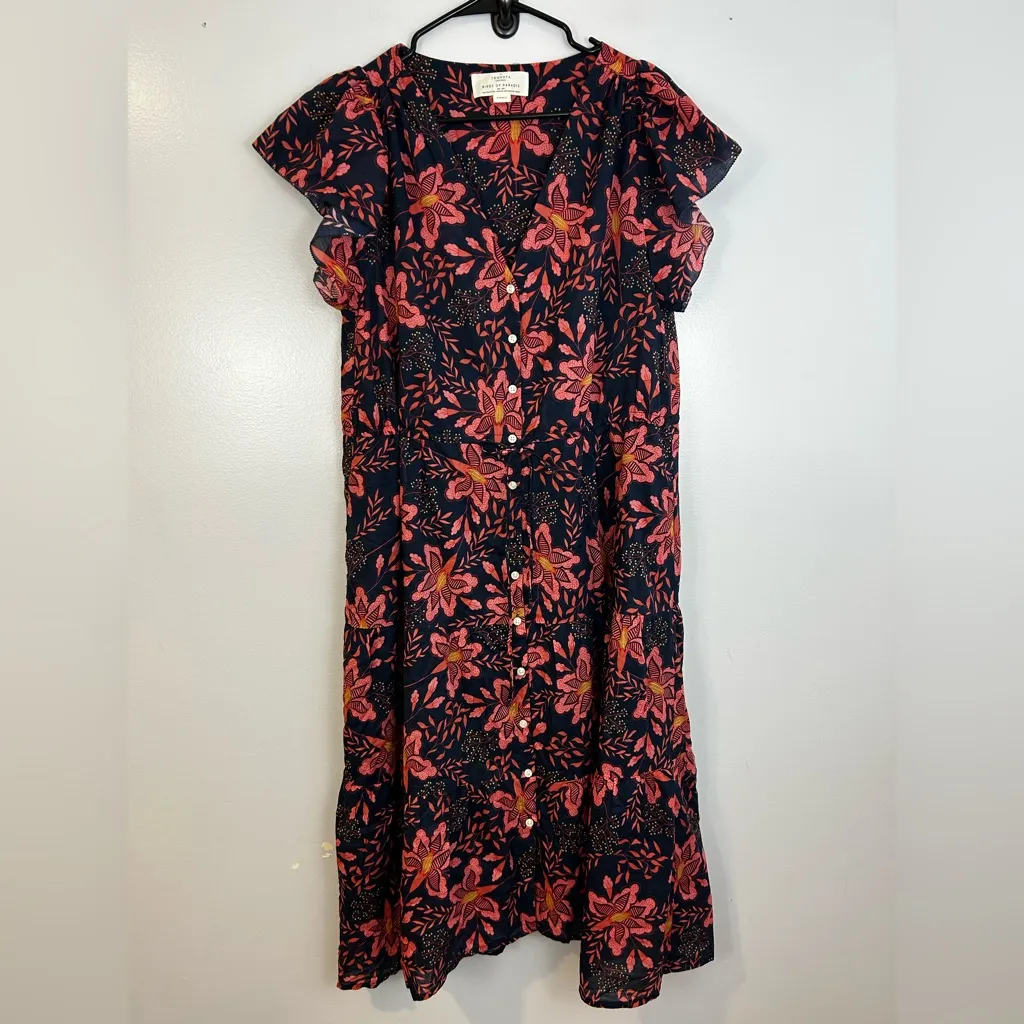 Trovata Birds of Paradis Kristi Pink Geranium Floral Ruffle Midi Dress Small Blue - Image 3