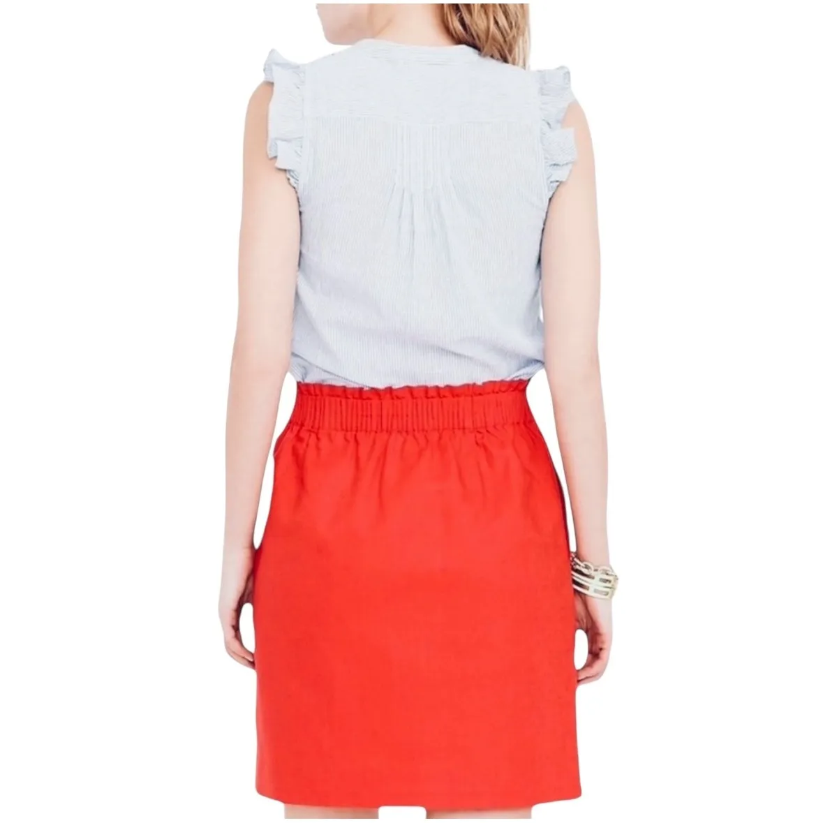 J. Crew Linen Blend Skirt Coral Orange Elastic Waist Pockets Women‎ Size Small - Image 2
