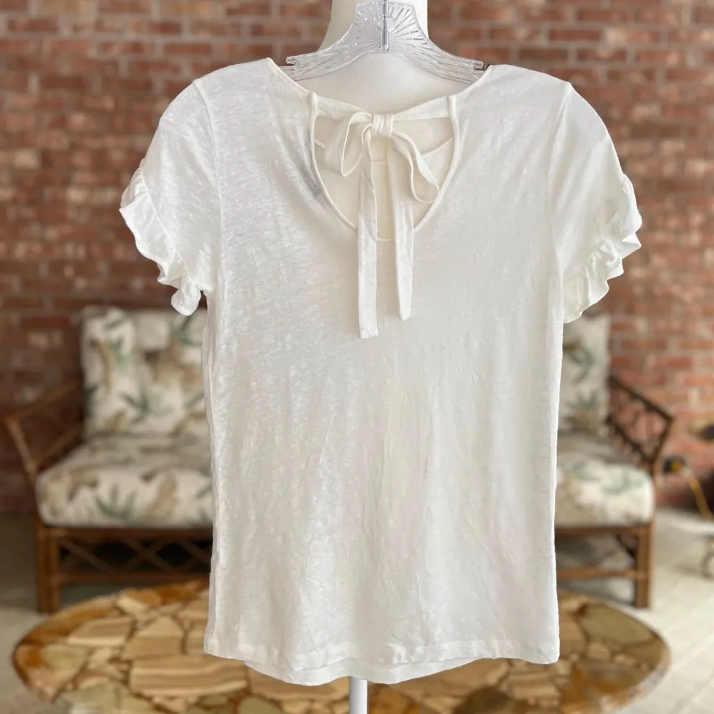 Vineyard Vines Tee Shirt Ruffle Short Sleeve Ivory Linen Tie Back Top XXS Casual - Image 8
