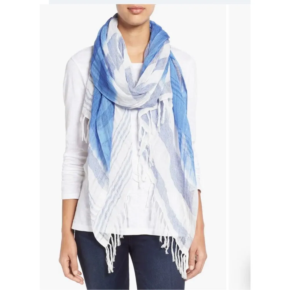 Caslon blue and white long striped linen blend fringed scarf NWT - Image 2