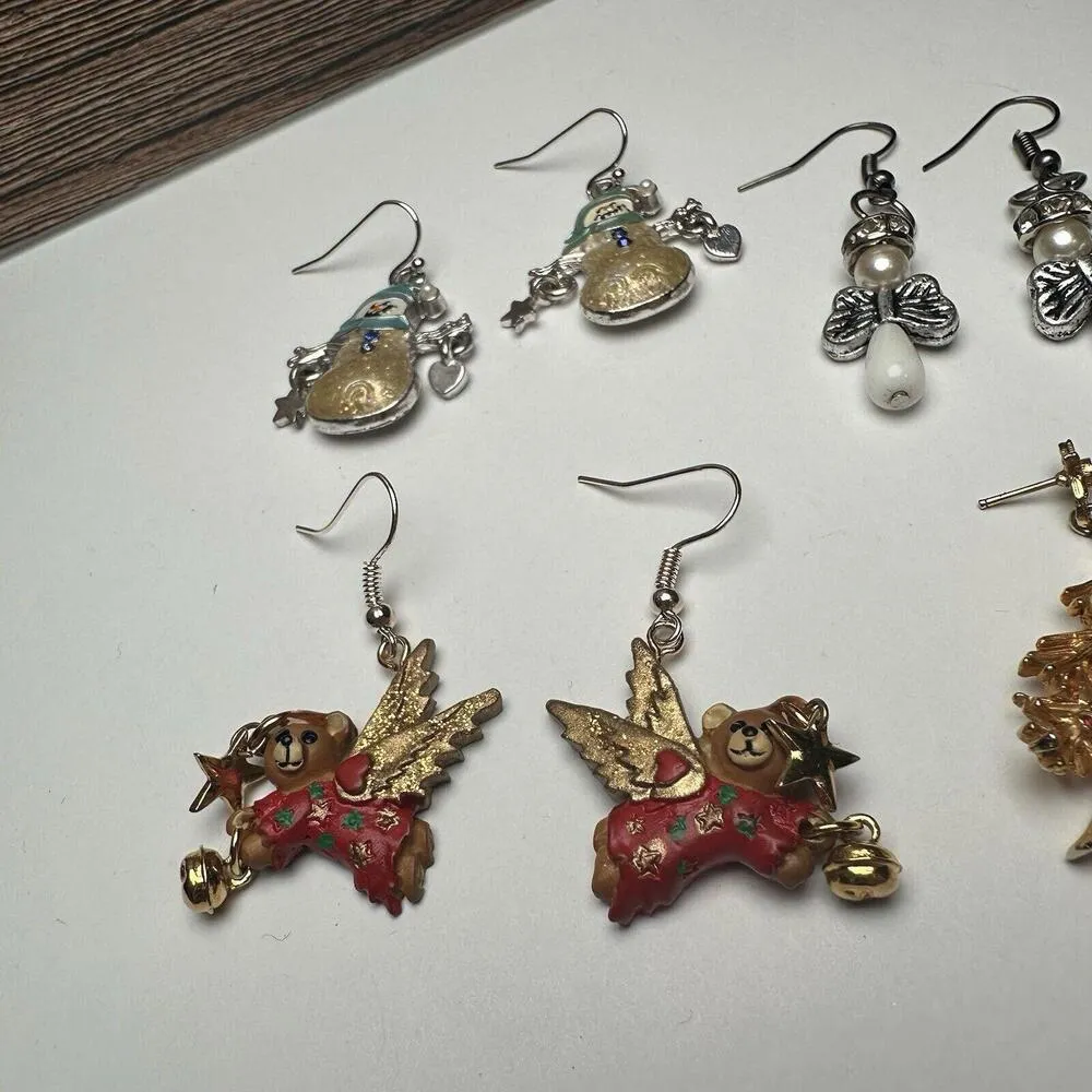 Angel Bear, Christmas Tree, Snowman Etc Pierced Dangle Drop Earrings Lot Of 4 - Image 4