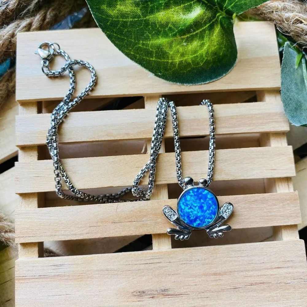 Sterling Silver Blue Opal CZ Frog Necklace - Image 2