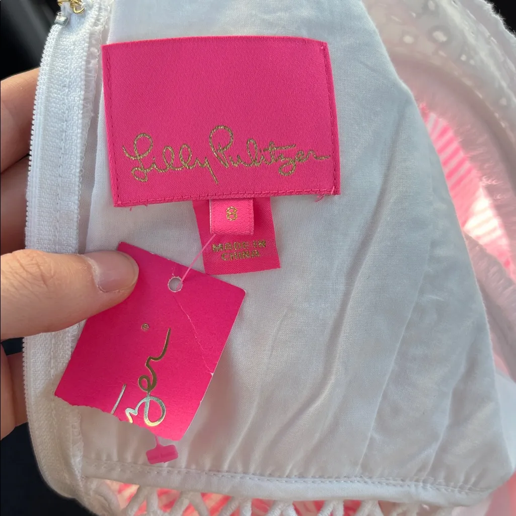 Lilly Pulitzer Alivia Dress Havana Pink White Seersucker Eyelet Women 8 Feminine - Image 9