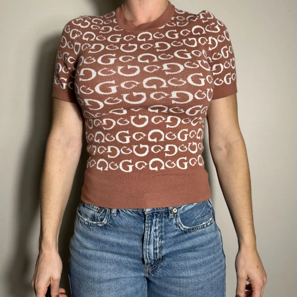 Y2K Guess Tan White Monogram Short Sleeve Top Size Medium - Image 5