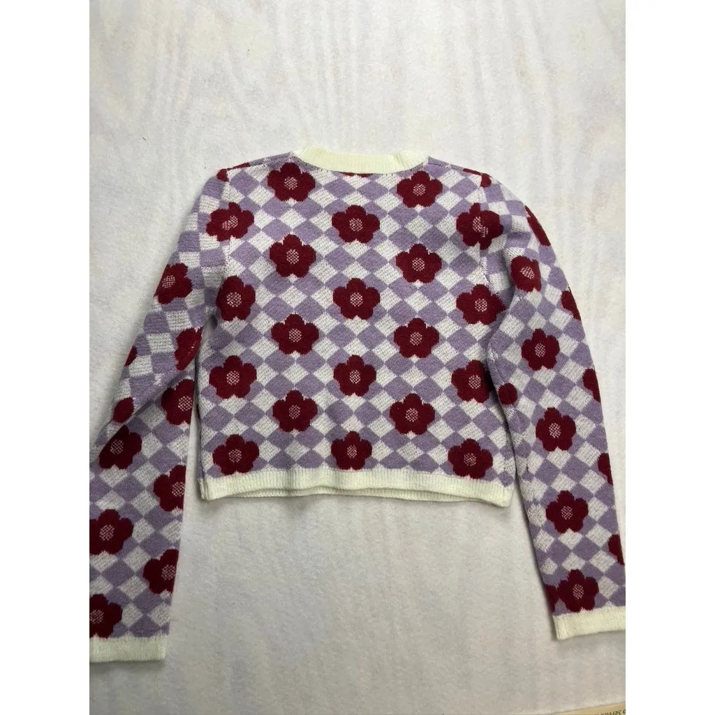 Lulus Floral Checkerboard Sweater Long Sleeve Crewneck Ivory Lilac M New - Image 8