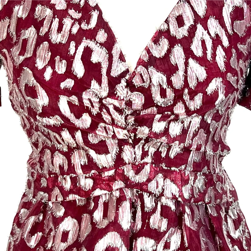 Aqua Metallic Leopard Print Dark Red Mini Dress Short Puff Sleeves Size M NWT - Image 5
