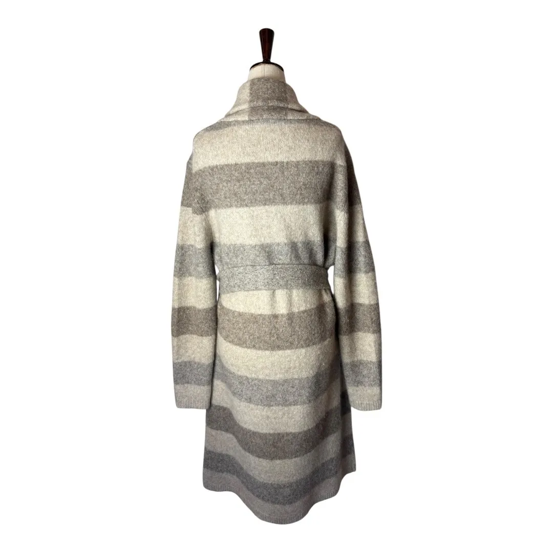 Jenni Kayne Sweater Women Small Tan Ivory Stripe Yak Alpaca Belted Sweater Coat - Image 3