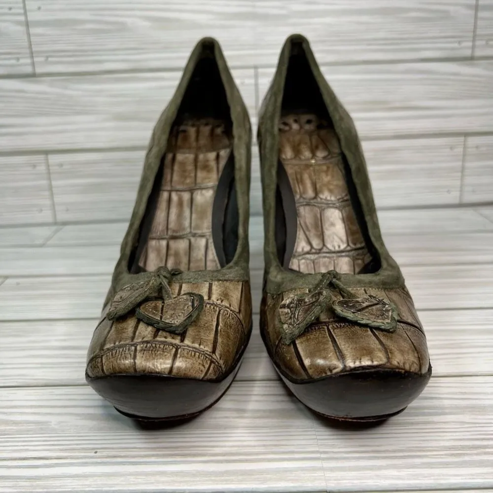 Vtg Nine West Womens 7.5 M Sherri Classic Block Heels Shoes Green Leather Croc - Image 5