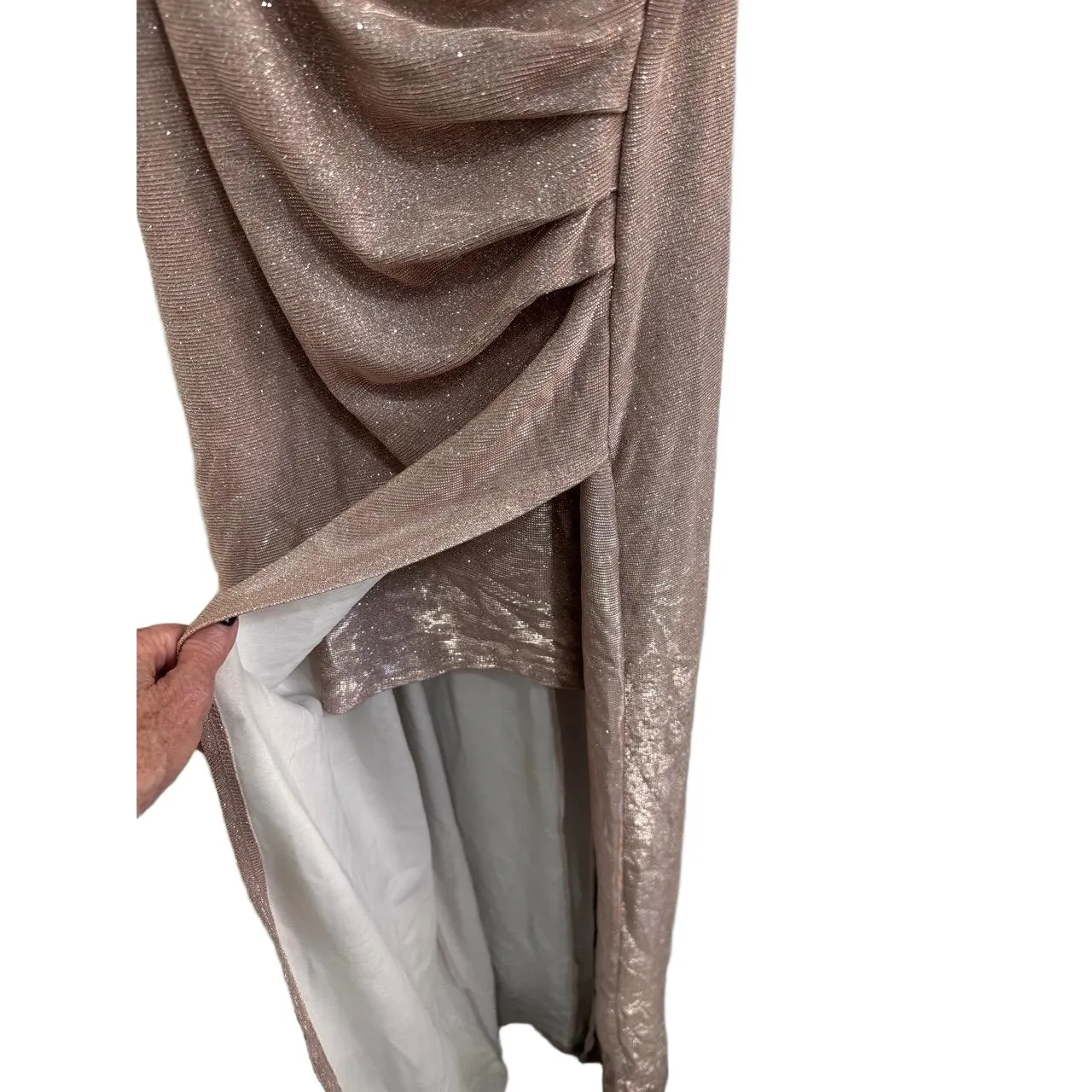 Windsor Metallic Champagne Cowl‎ Neck Drape Front Gown L - Image 3