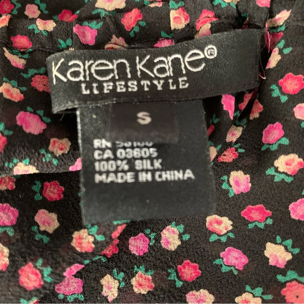 Karen Kane black pink silk floral sheer peasant tunic blouse with bell sleeves S - Image 10