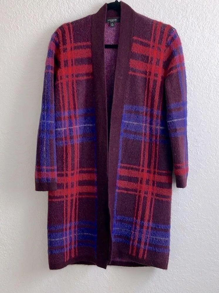 Ann Taylor Cardigan Sweater Plaid Maroon Blue Red Coat Long Medium Petite - Image 5