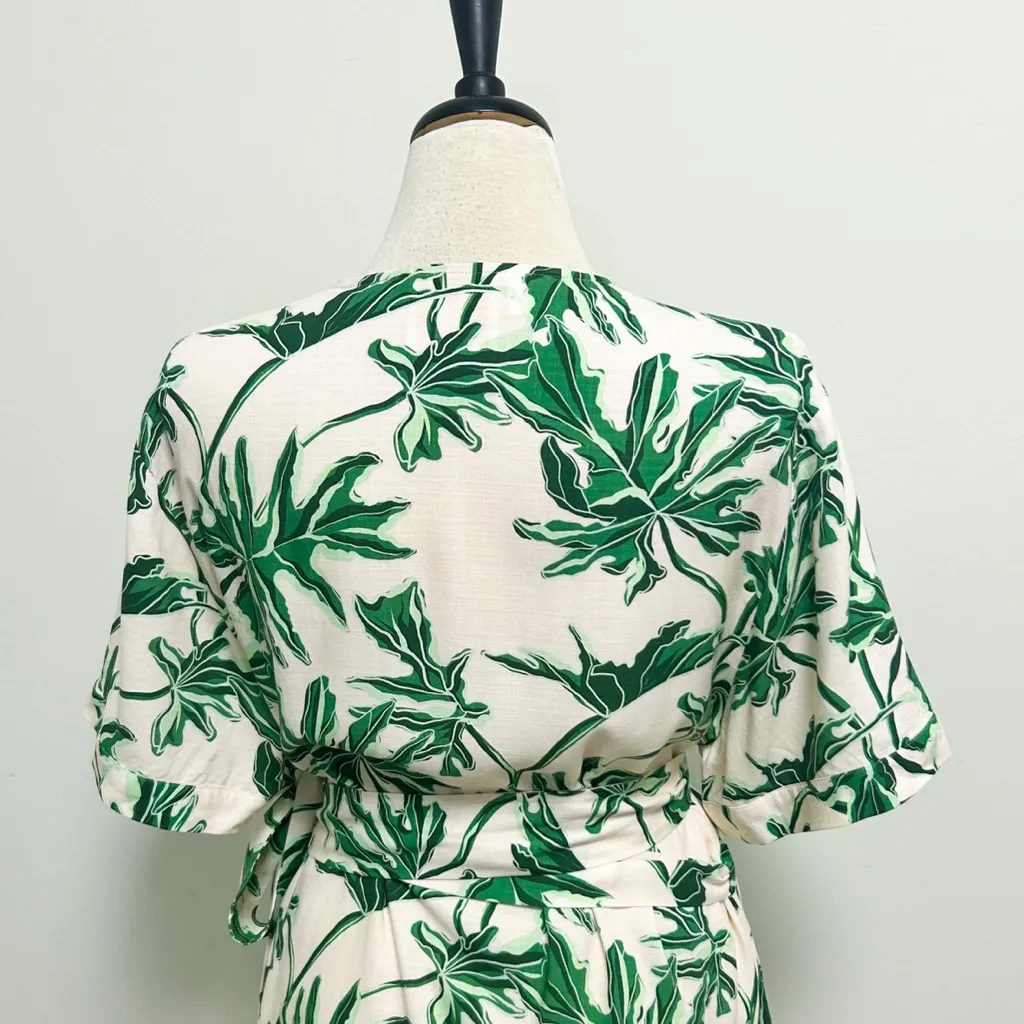 Emily McCarthy Pale Pink Green Tropical Leaves True Wrap Short Sleeve Dress XL - Image 9