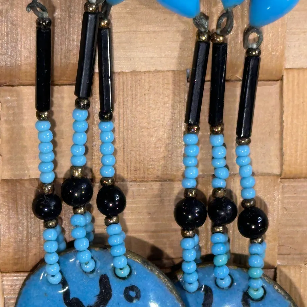 824. Enamel glass Turquoise & Black Agate Silver earrings Handmade on Maui - Image 4