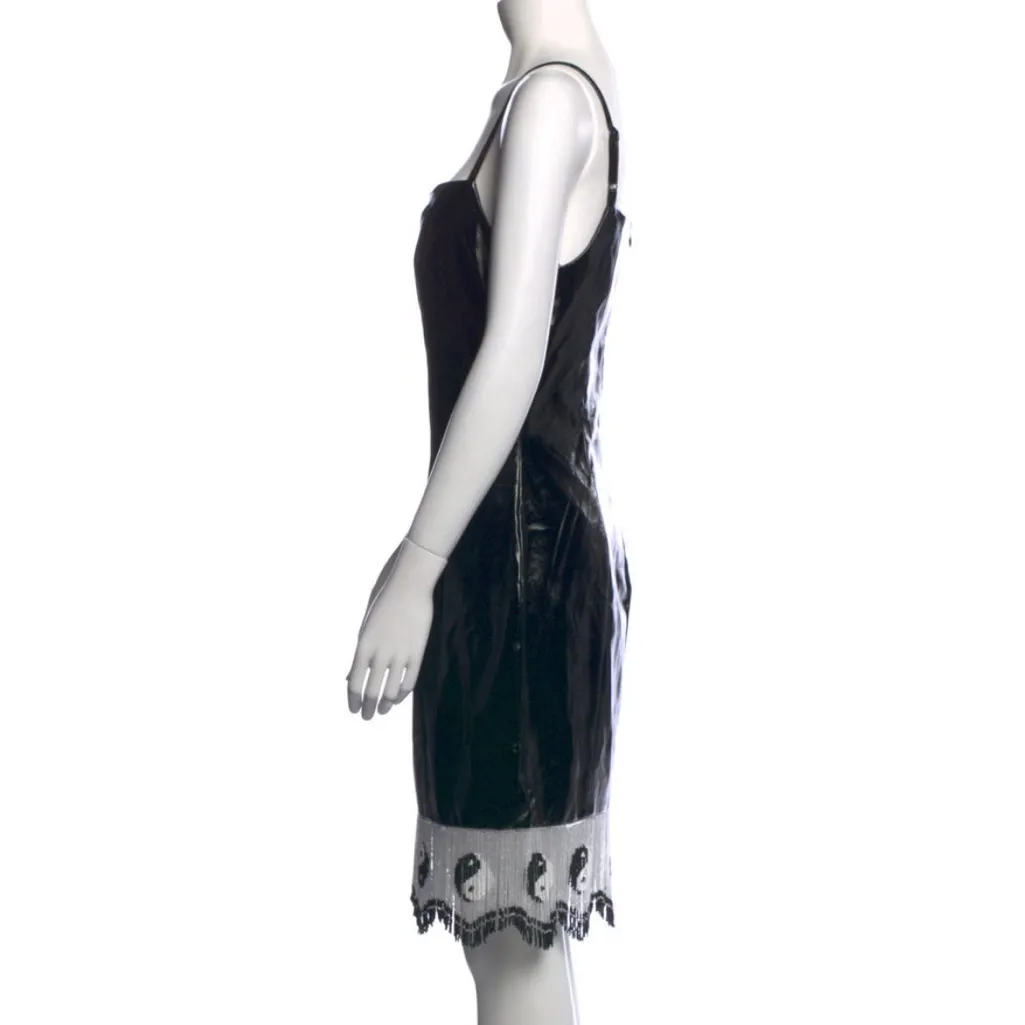 NWT Staud Joan Yin Yang Dress Beaded Fringe Black Faux Leather Sleeveless sz 10 - Image 5