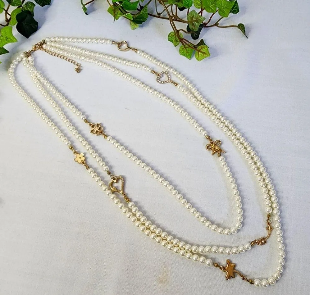 3 Strand Faux Pearl and Charms Necklace Gold - Image 2