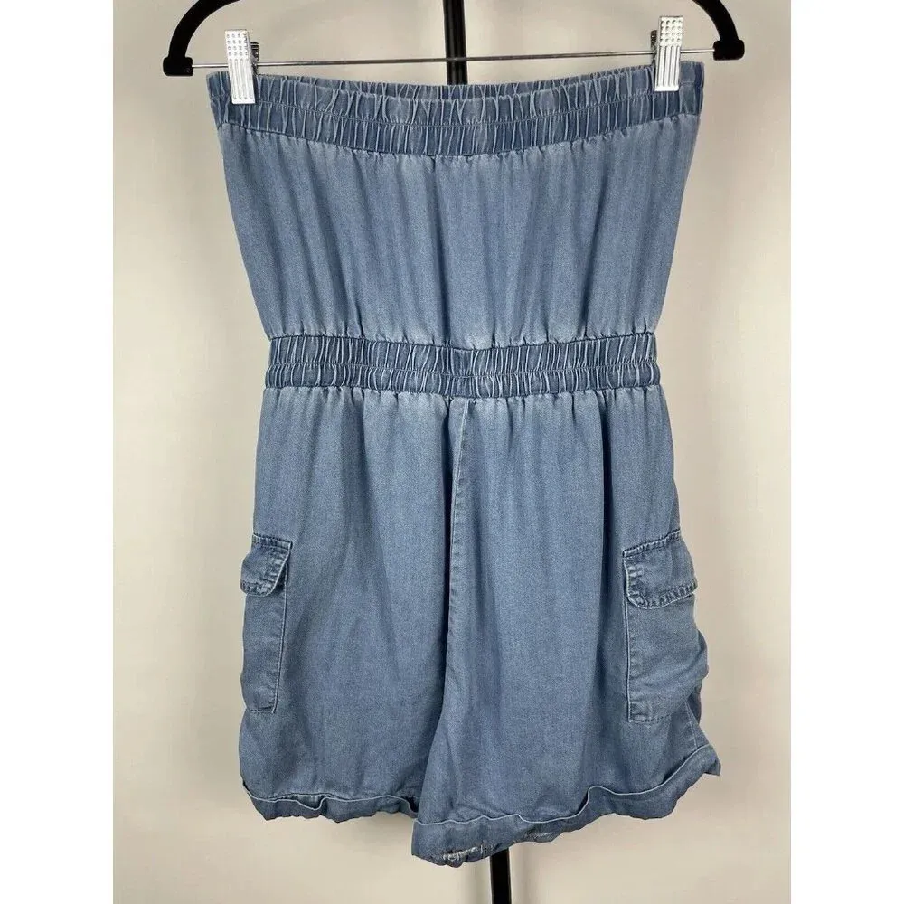 Le Lis Blue Chambray 100% Tencel Strapless Cargo Romper Size S‎ - Image 3