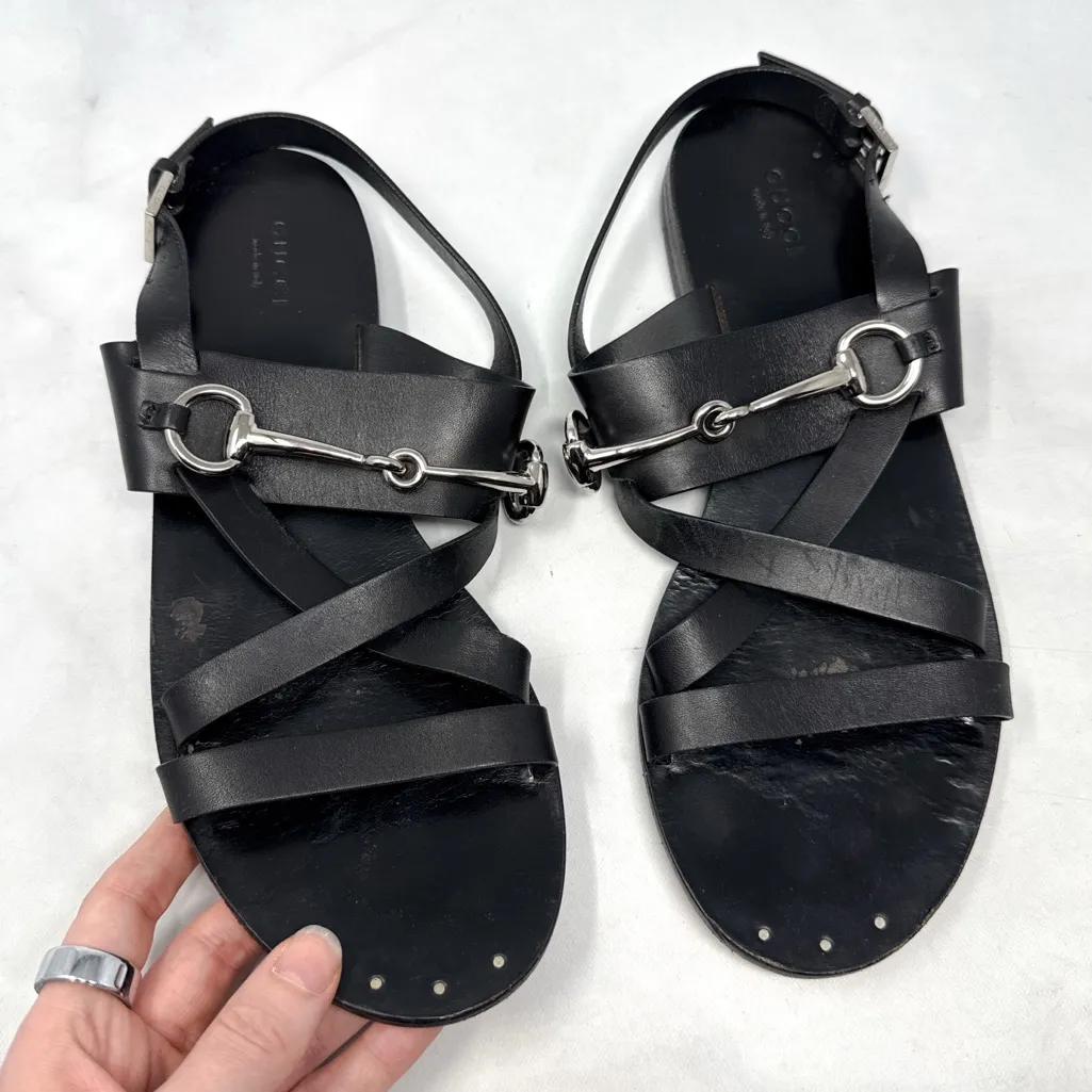GUCCI Juliette Horsebit Leather Strappy Slingback Flat Sandal Shoes Black 40 - Image 4