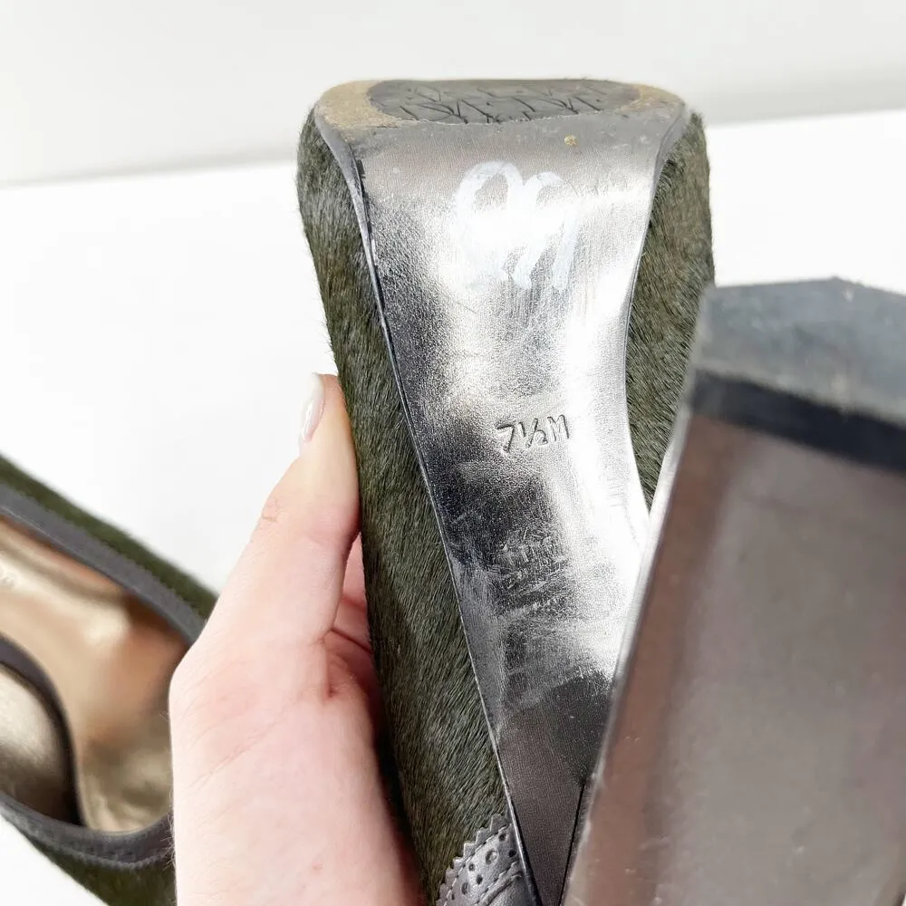 Diane Von Furstenberg Pony Calf Hair Leather Peep Toe Pumps Heels Green 7.5 - Image 3