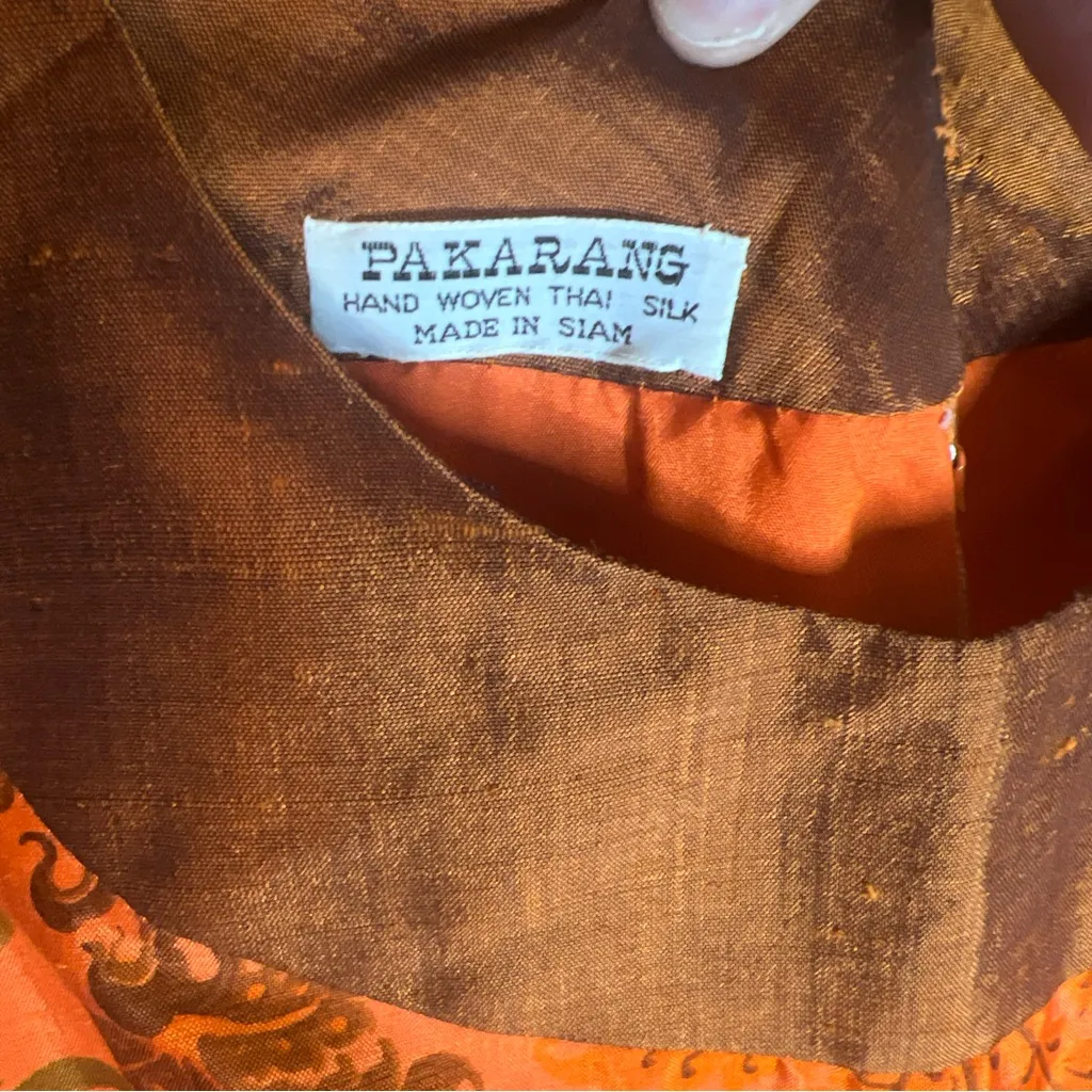 Pakarang Siam Thai Silk Hand Woven Maxi Pattern Custom Dress Sleeveless Zip Asia Orange - Image 4