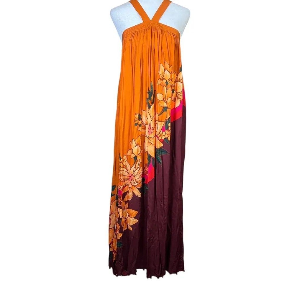 FARM RIO Orange Boho Maxi Dress Pinafore Cover Up Floral Whimsy Brown Size S NEW - Image 5