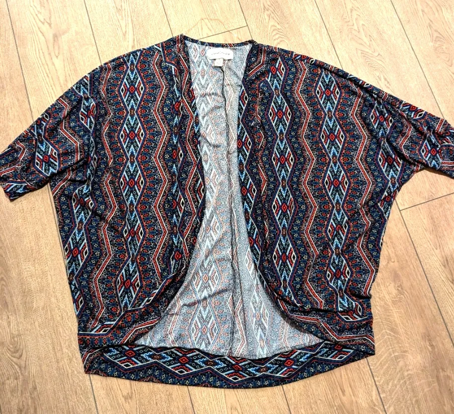 French Laundry Womens Plus 1X Blue Red Print Kimono Cardigan Cocoon Top boho - Image 1