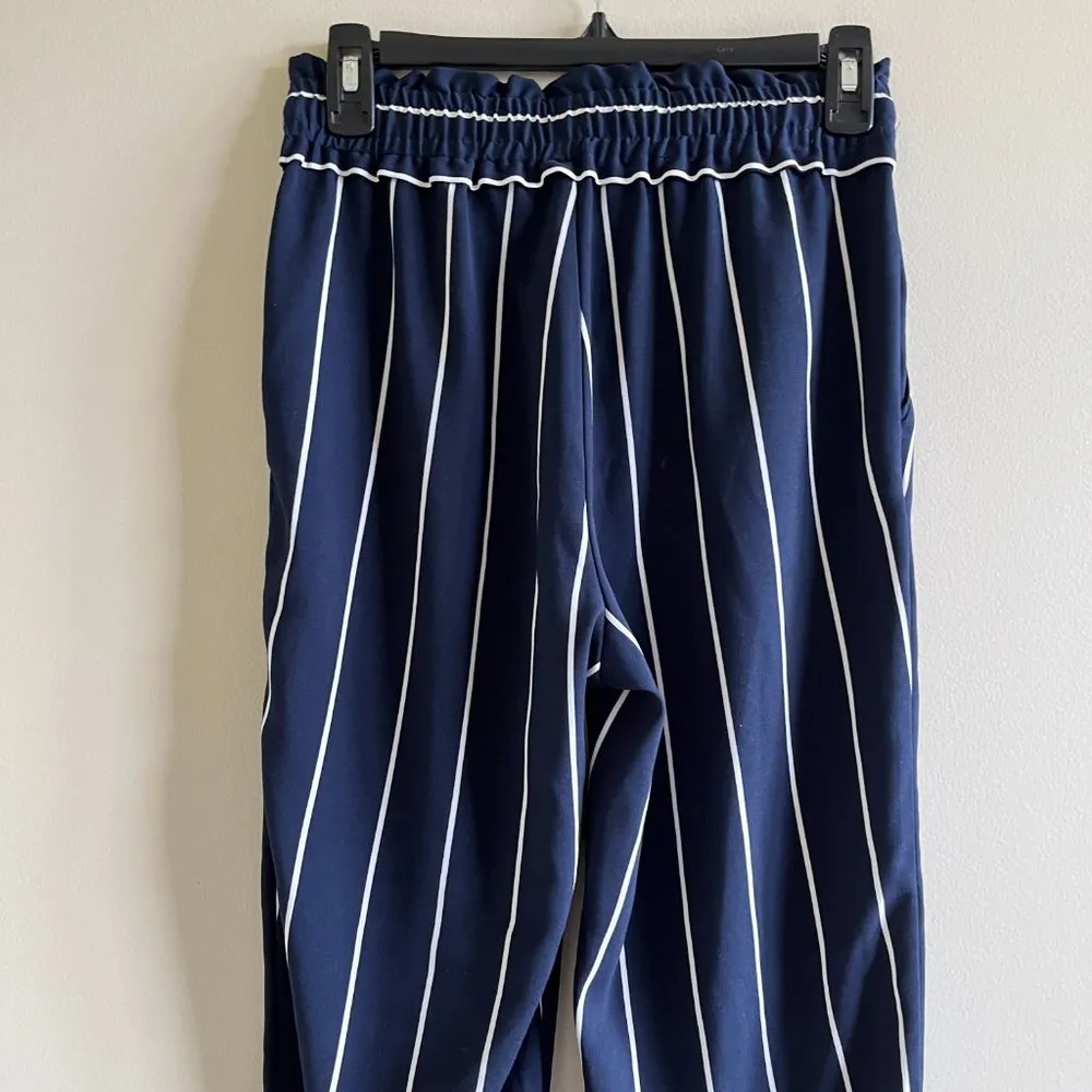 Zara TRF Striped Straight Leg Crop Trousers Drawstring Waist Womens Size XS Navy - Image 5