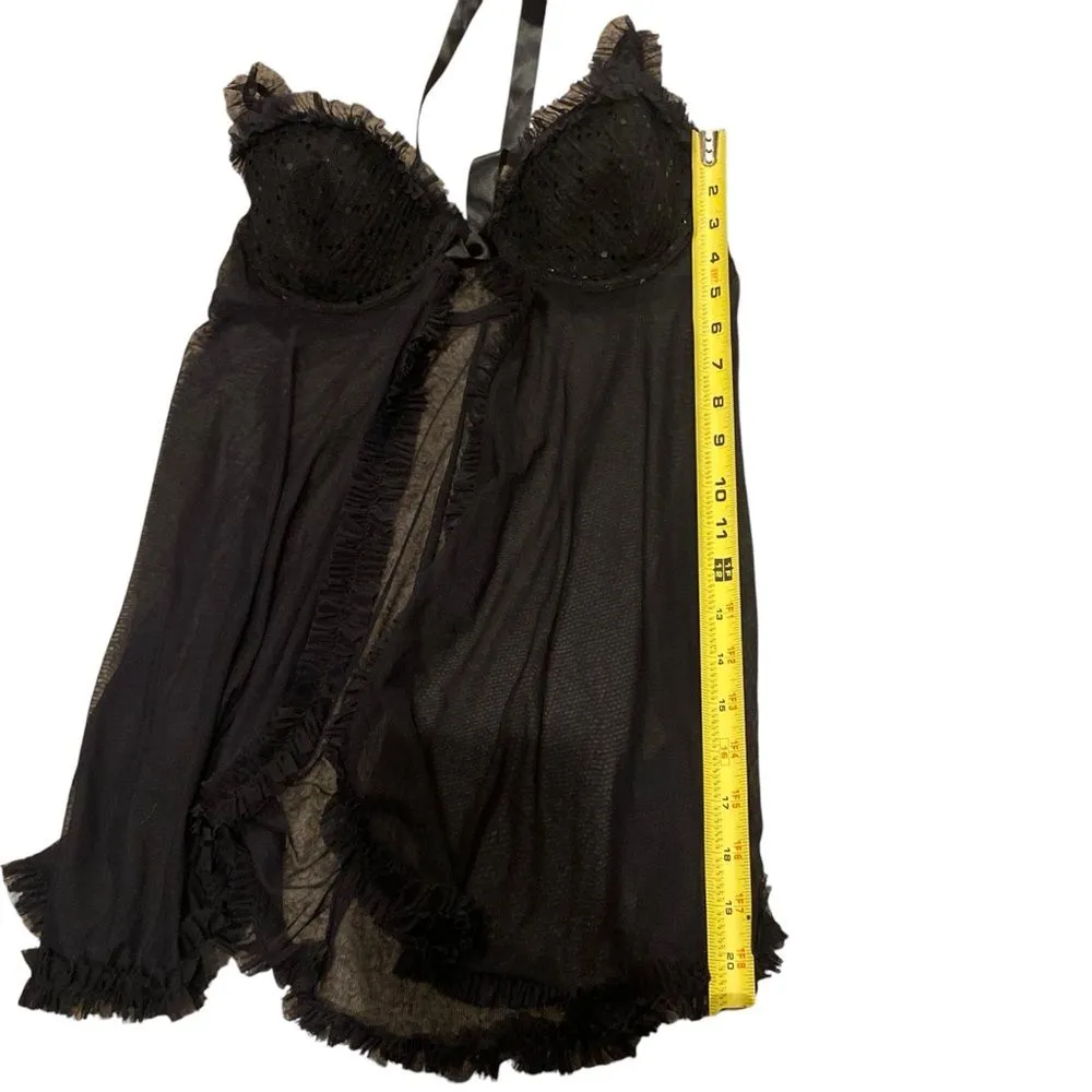 Y2K Victoria’s Secret 36B Push Up‎ Ruffled Lace Babydoll Top Black Sequin Mesh - Image 10