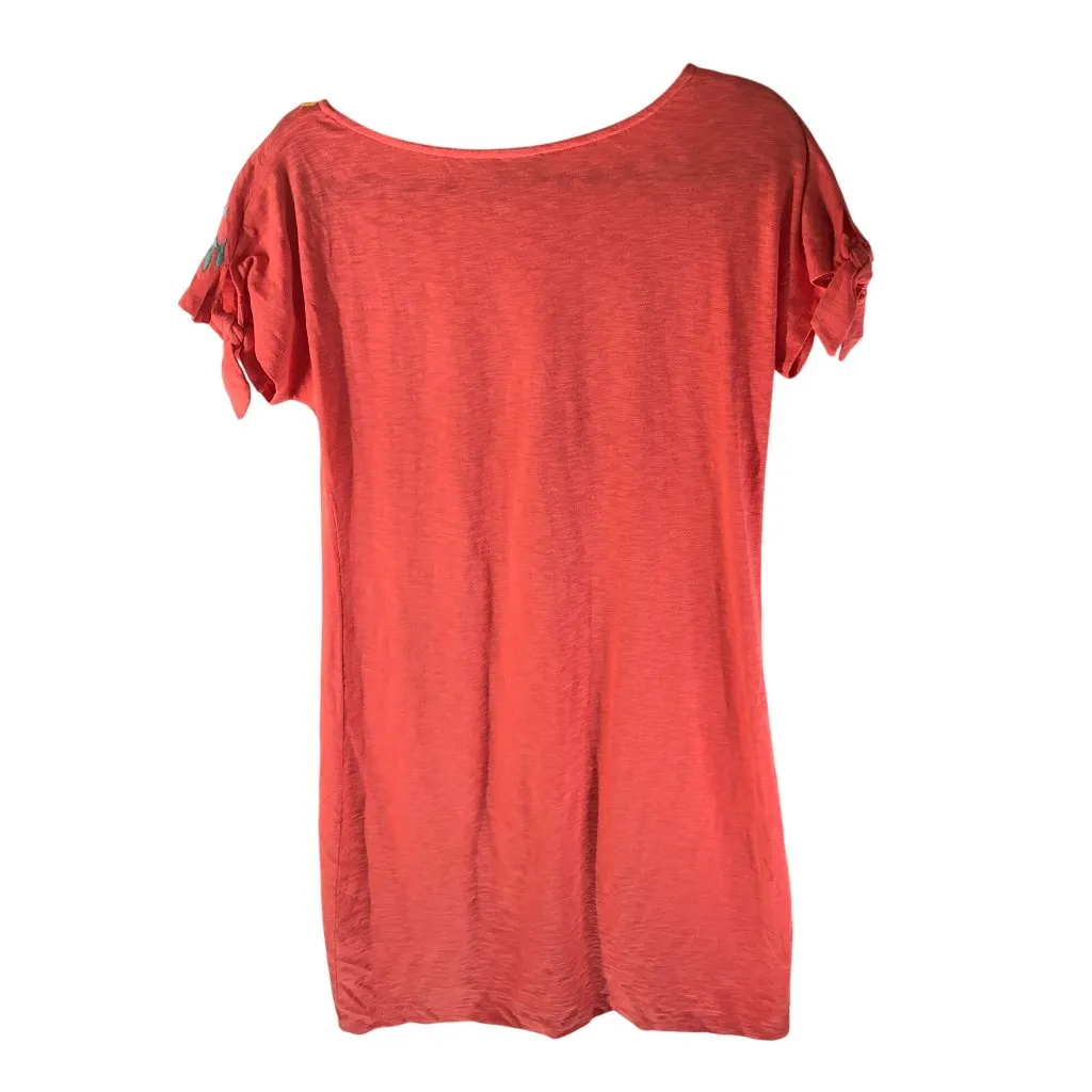 Talbots T Shirt Dress Embroidered Tie Sleeves Slub Knit Orange S? - Image 2