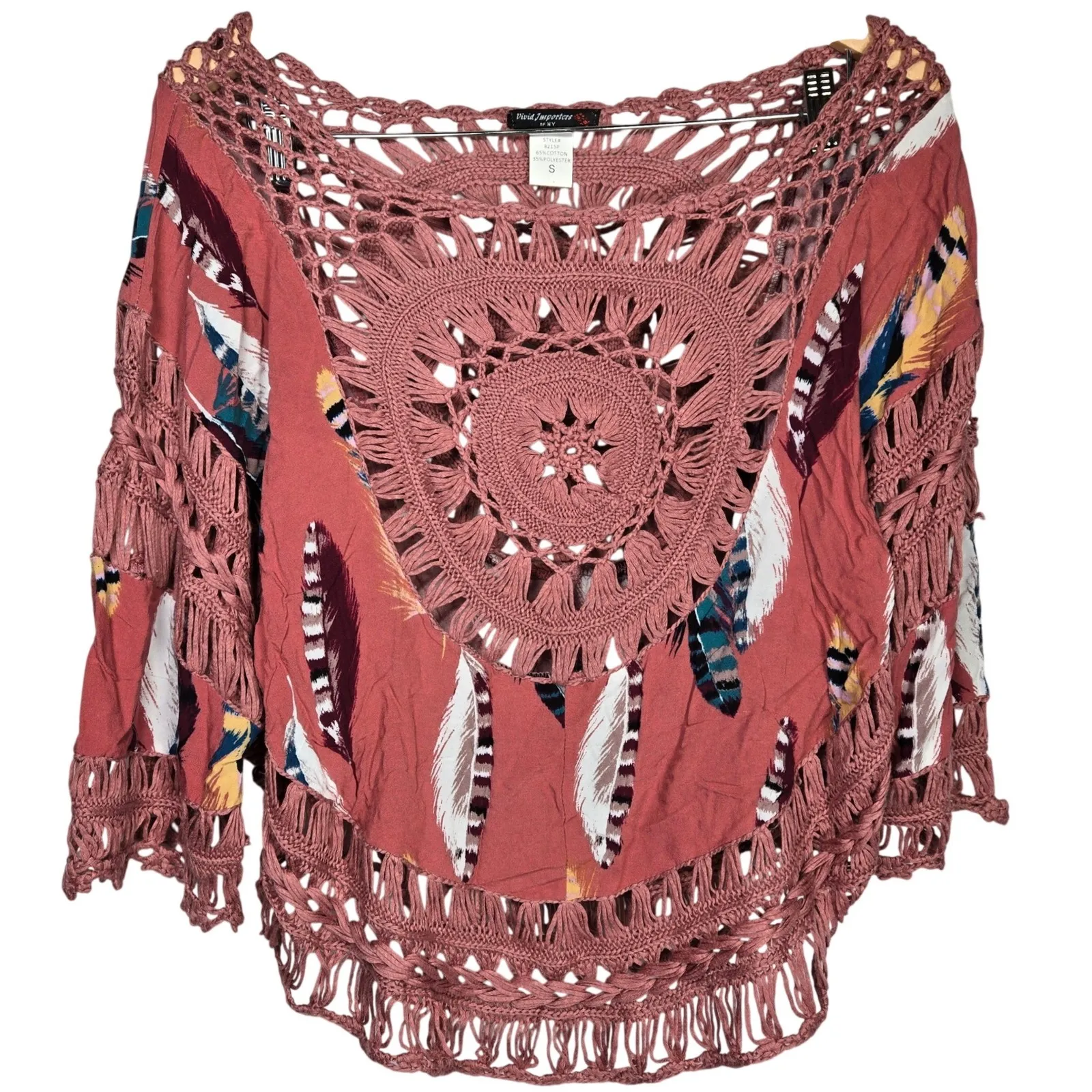 Vivid Importers Boho Feather Crochet Fringe Tunic Top Blouse Rose S Pink - Image 2