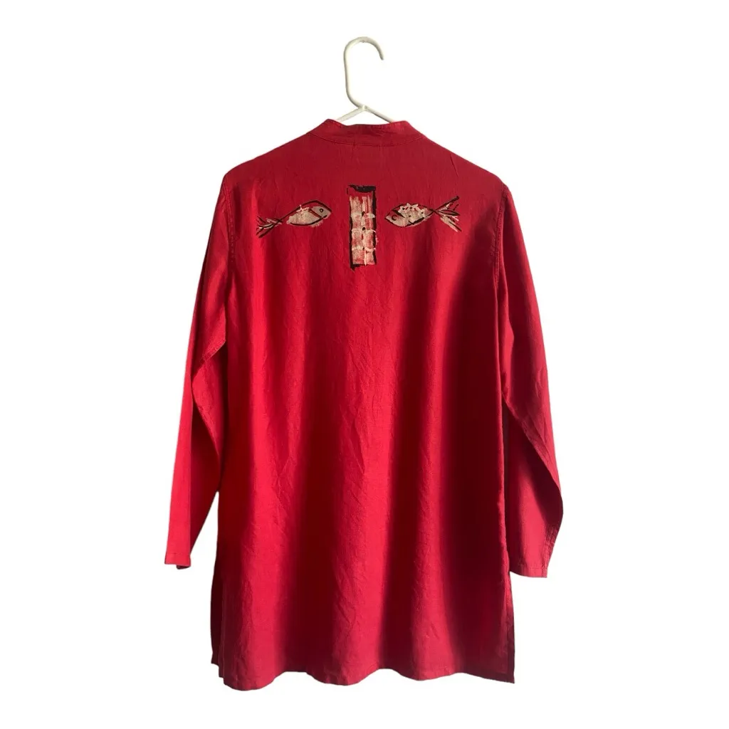 Chico’s 100% Linen Women’s Red Long Button Asian Style‎ Top Size 1 - Image 2