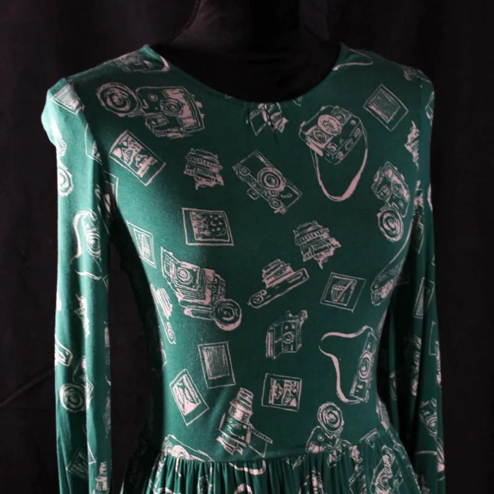 Teal Mod Cloth Camera Dress Long Sleeve Babydoll Midi Dress - Image 3