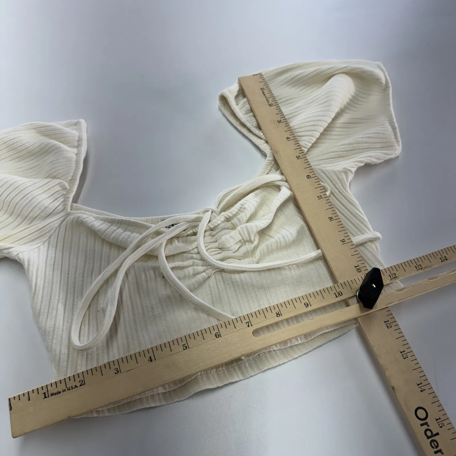 Zara‎ Crop Top Womens Medium White Ribbed Puff Sleeve Knit Tie Neck Cropped - Image 5