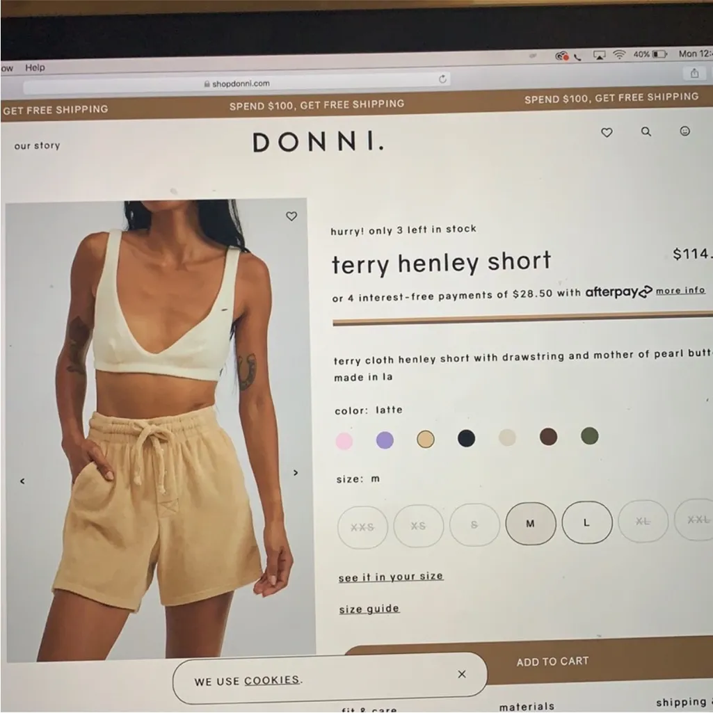 DONNI. Terry Henley Boxer Drawstring “Latte” Tan Brown Shorts Size Small - Image 3