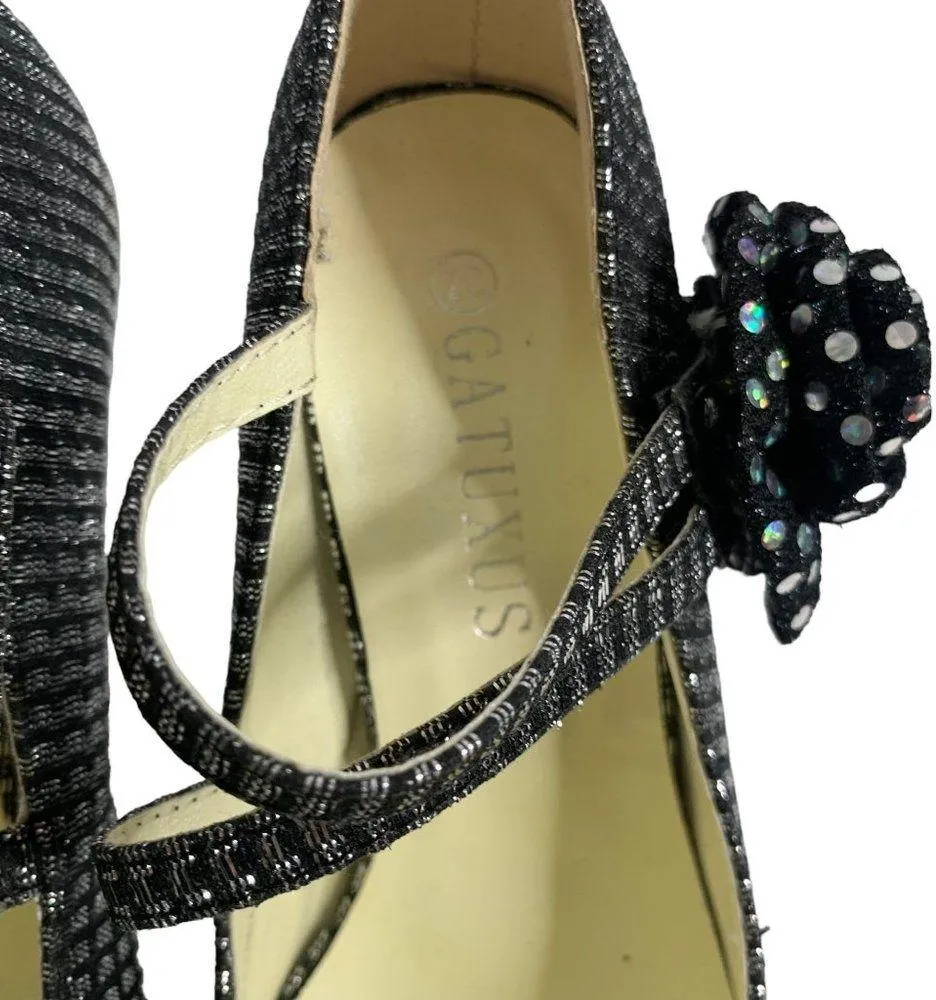 Gatuxus Metallic Platform High Heels Womens 7 Black Silver Straps Flower Size undefined - Image 8