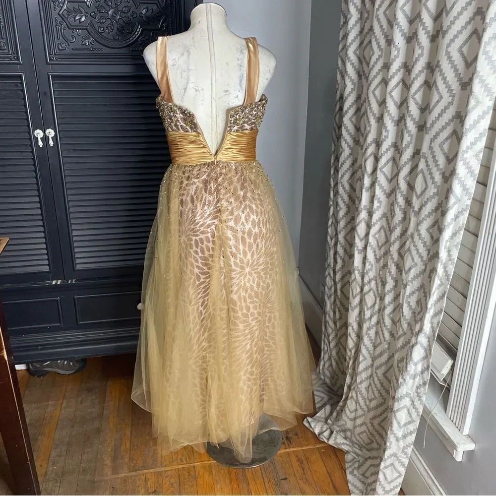Prom Pageant Dress Gold Sequin Beads Full Tony Bowls Le Gala Evening Gown Size 4 - Image 4