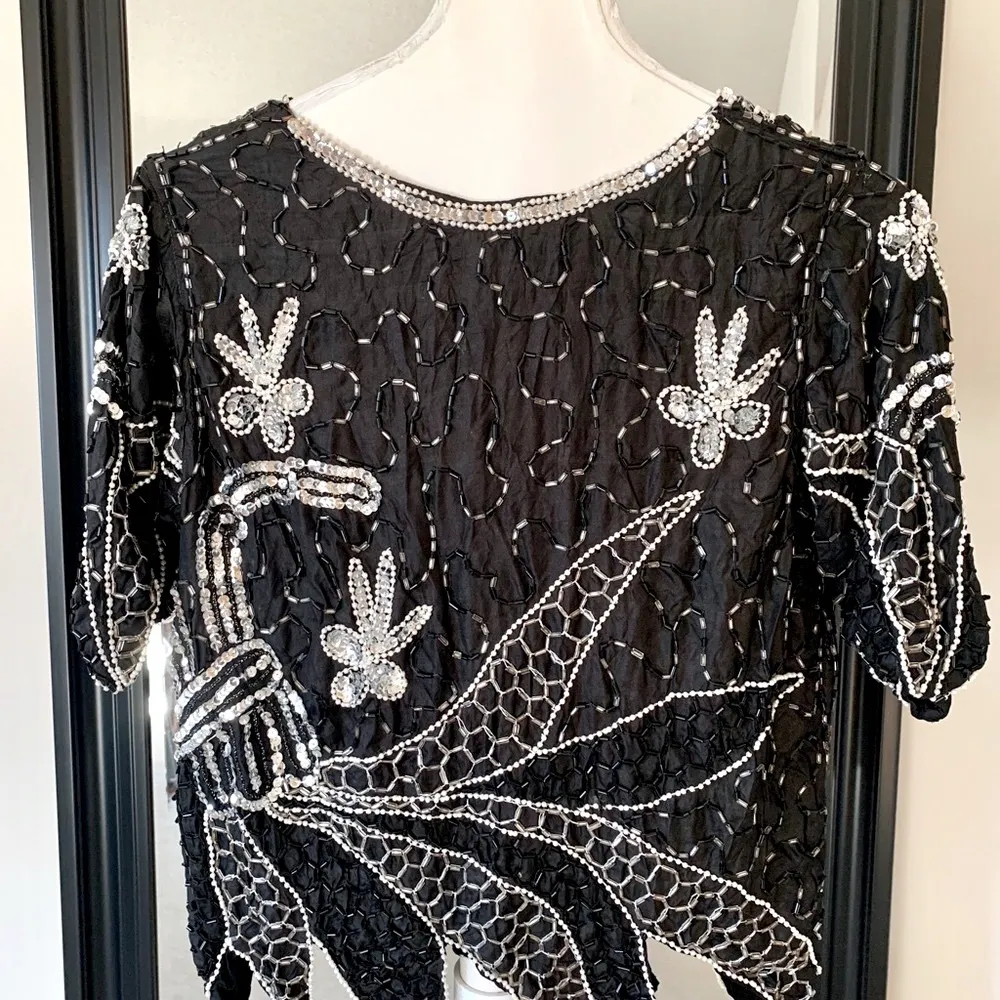 Vintage Hand Stitched Black Sequin Beaded Silk Top Size M - Image 2