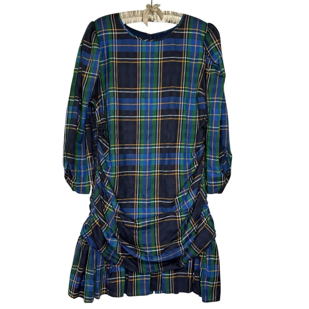 Tanya Taylor Raven Dress Size‎ 18 Plaid Peplum Mini Dress Ruched Long Sleeve - Image 6
