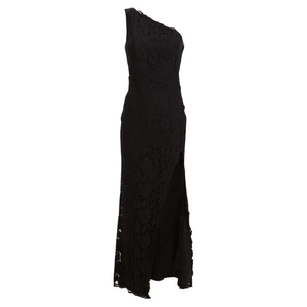 Fame & Partners Selma Black Lace One Shoulder Slit Formal Gown Size 8 - Image 4