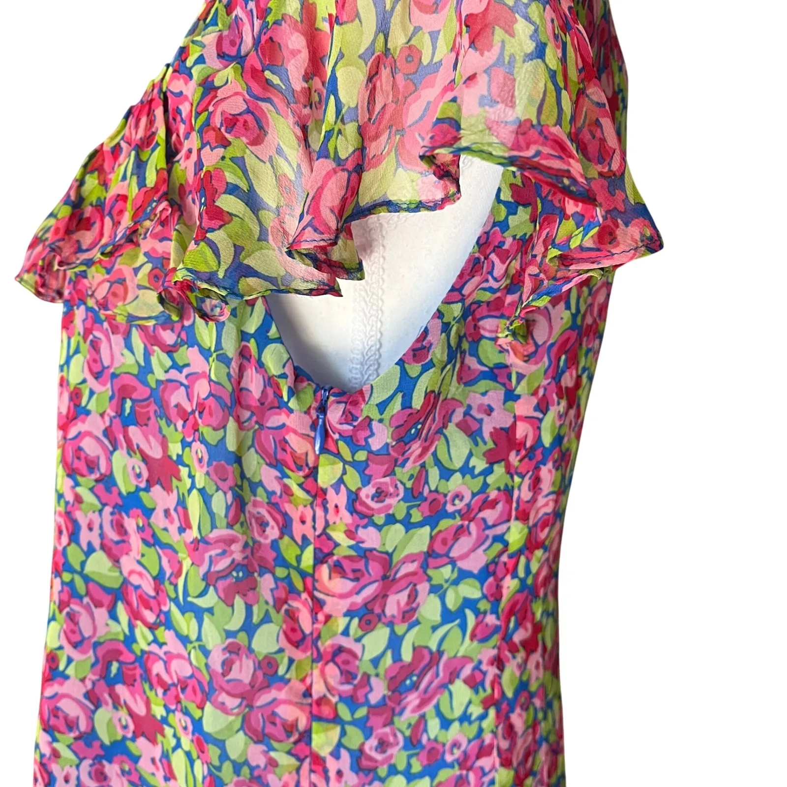 Nannette Lepore Rosette Top Size 6 Electric Blue Floral 100% Silk‎ Ruffle - Image 3