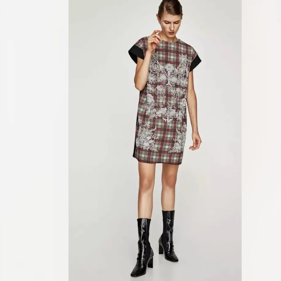 NWT ZARA Tweed Plaid Embroidered Sheath Dress - Image 3