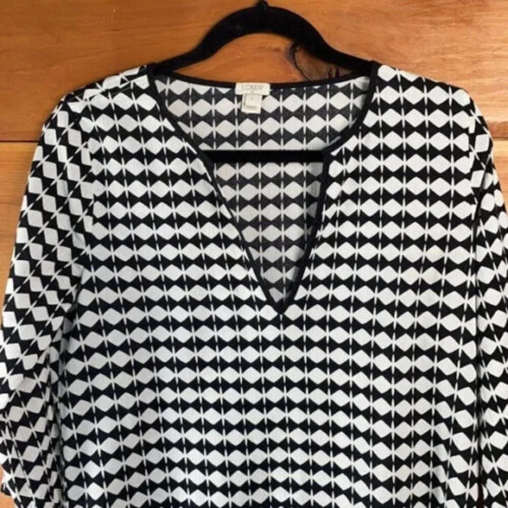J. Crew Women’s White & Black V-Neck 3/4 Sleeve Pullover Tissue Tunic Top Size S - Image 3