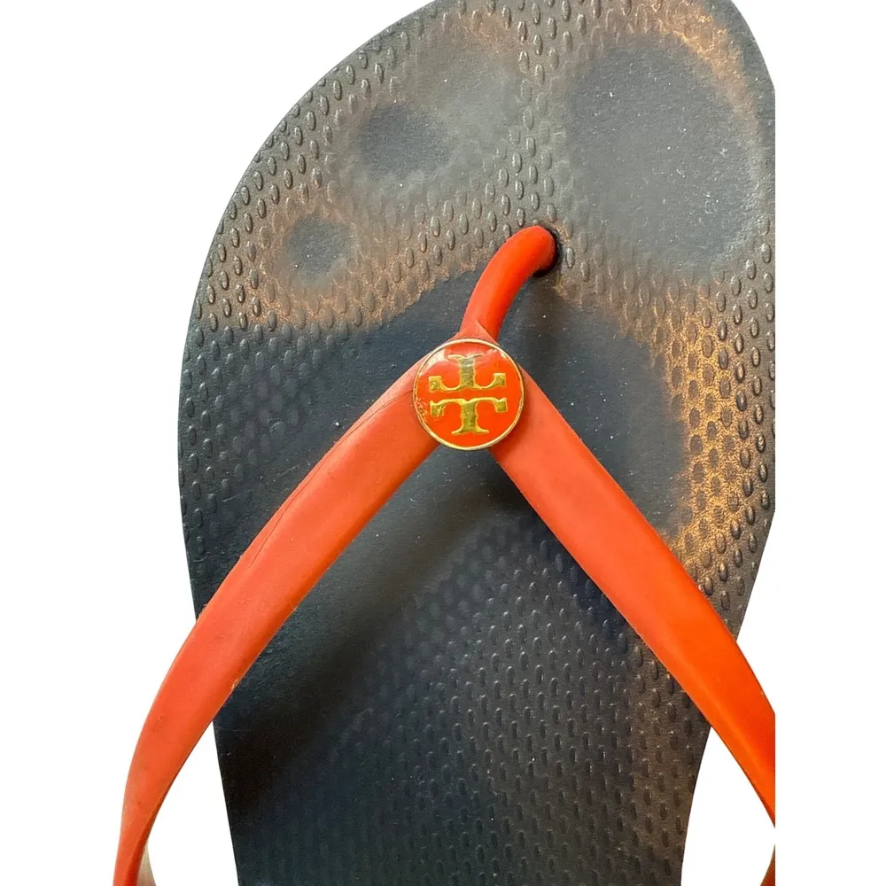 Tory Burch Flip Flops Sandals Rubber Thong Logo Black Orange Women's 8 - Image 4