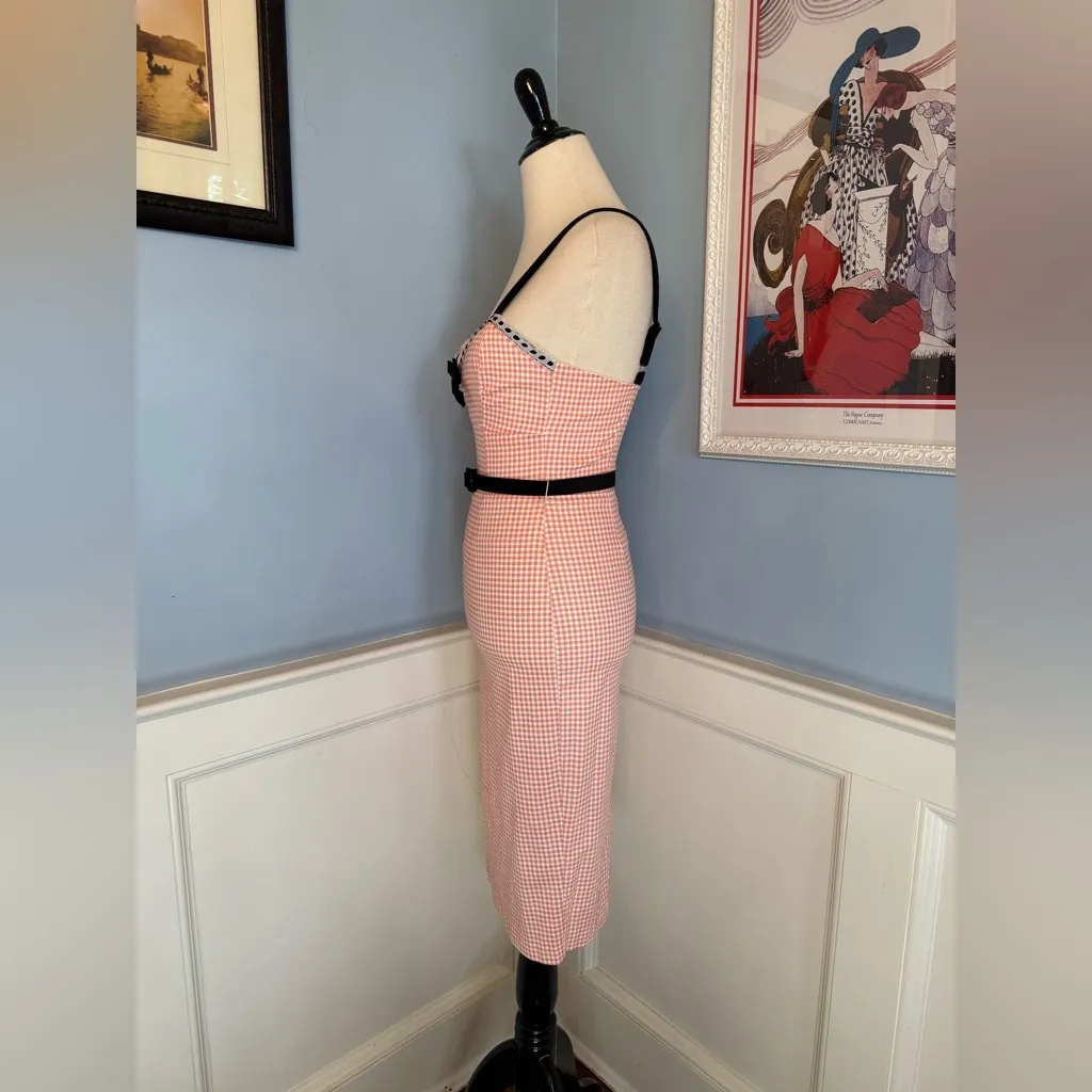 Micheline Pitt Vixen for Unique Vintage Lilli Peach Gingham Wiggle Midi Dress M Pink Size M - Image 3