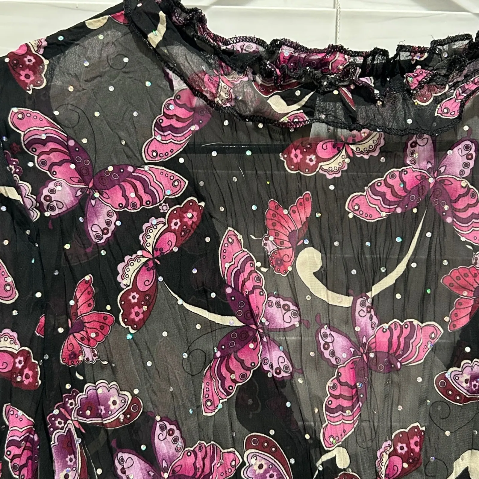 VTG No Boundaries Butterfly Print Fairy Tie Front Sheer Top Ruffle Sparkle sz XS - Image 10